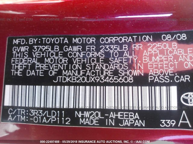 JTDKB20UX93465608 - 2009 TOYOTA PRIUS RED photo 9