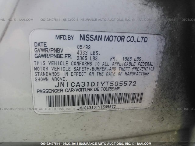 JN1CA31D1YT505572 - 2000 NISSAN MAXIMA GLE/GXE/SE WHITE photo 9