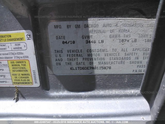 KL1TD6DE7AB115878 - 2010 CHEVROLET AVEO LS/LT 灰色 照片 9