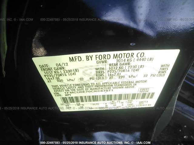 1FMCU0E70CKC67571 - 2012 FORD ESCAPE LIMITED BLACK photo 9