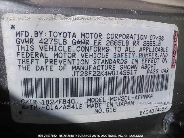 JT2BF22K4W0143617 - 1998 TOYOTA CAMRY CE/LE/XLE GOLD photo 9