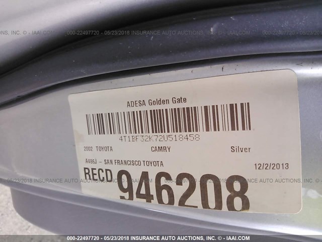 4T1BF32K72U518458 - 2002 TOYOTA CAMRY LE/XLE/SE ვერცხლისფერი ფოტო 9
