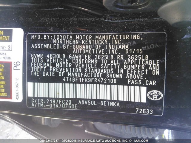 4T4BF1FK9FR472108 - 2015 TOYOTA CAMRY LE/XLE/SE/XSE შავი ფოტო 9