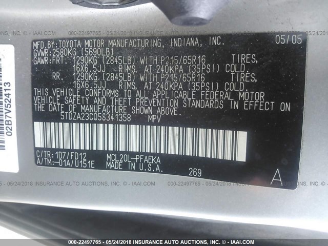 5TDZA23C05S341358 - 2005 TOYOTA SIENNA CE/LE SILVER photo 9