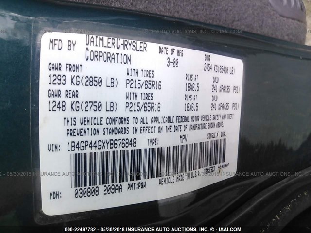 1B4GP44GXYB676848 - 2000 DODGE GRAND CARAVAN SE/SPORT TEAL photo 9