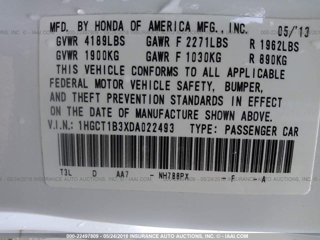 1HGCT1B3XDA022493 - 2013 HONDA Accord LX-S WHITE photo 9