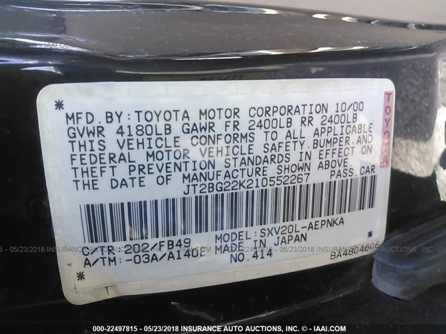 JT2BG22K210552267 - 2001 TOYOTA CAMRY CE/LE/XLE BLACK photo 9