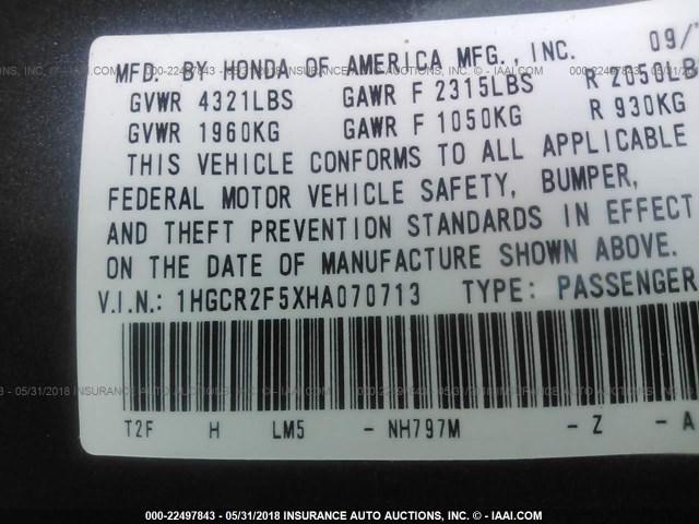 1HGCR2F5XHA070713 - 2017 HONDA ACCORD SPORT 灰色 照片 9