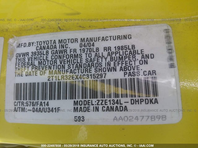 2T1LR32EX4C315297 - 2004 TOYOTA COROLLA MATRIX XR YELLOW photo 9