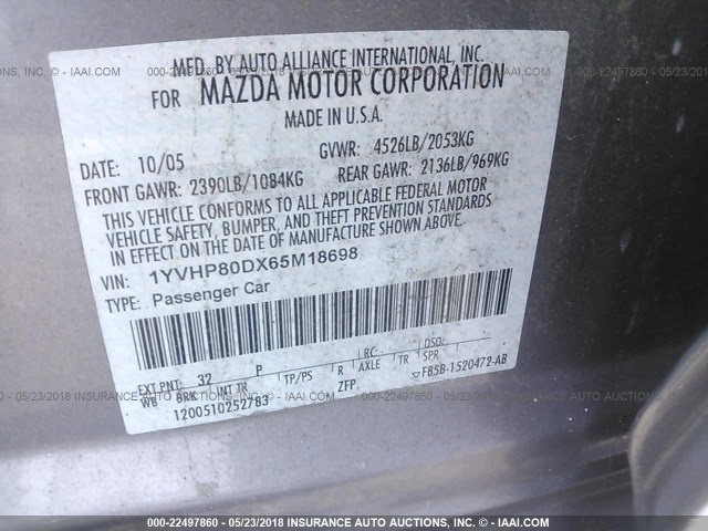 1YVHP80DX65M18698 - 2006 MAZDA 6 S GRAY photo 9