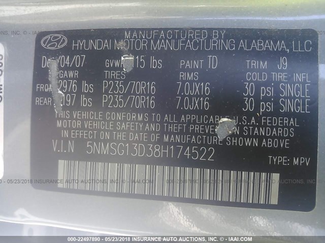 5NMSG13D38H174522 - 2008 HYUNDAI SANTA FE GLS BLUE photo 9