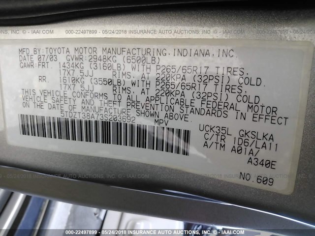 5TDZT38A73S203692 - 2003 TOYOTA SEQUOIA LIMITED Pewter photo 9