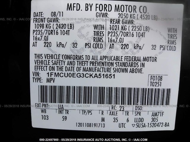 1FMCU0EG3CKA51651 - 2012 FORD ESCAPE LIMITED BLACK photo 9