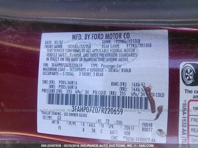 3FAHP07Z07R220659 - 2007 FORD FUSION SE MAROON photo 9