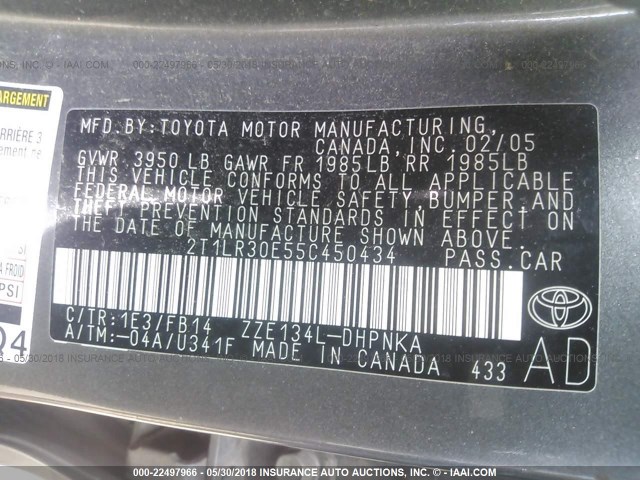 2T1LR30E55C450434 - 2005 TOYOTA COROLLA MATRIX XR GRAY photo 9