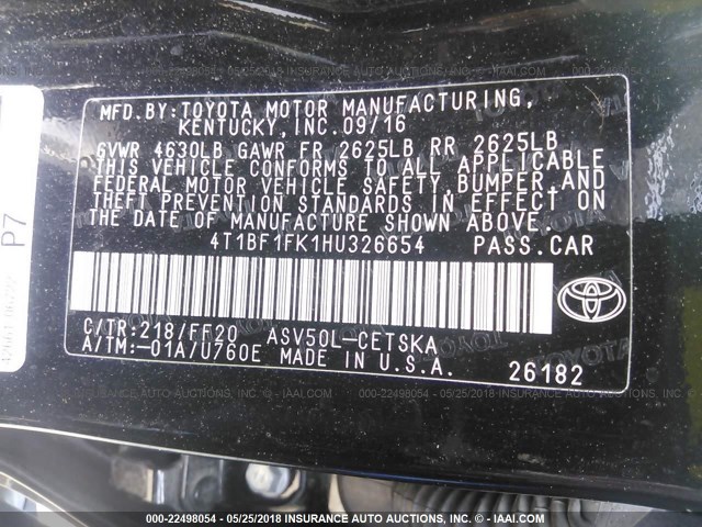 4T1BF1FK1HU326654 - 2017 TOYOTA CAMRY LE/XLE/SE/XSE BLACK photo 9