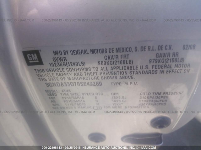 3GNDA33D78S649269 - 2008 CHEVROLET HHR LS SILVER photo 9