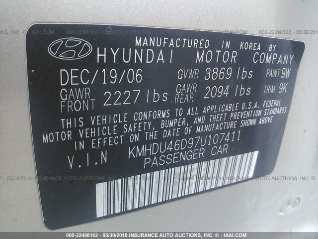 KMHDU46D97U107411 - 2007 HYUNDAI ELANTRA GLS/SE/LIMITED TAN photo 9