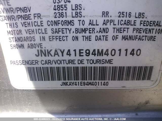 JNKAY41E94M401140 - 2004 INFINITI M45 SILVER photo 9