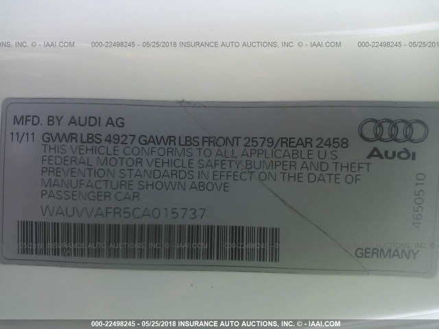 WAUVVAFR5CA015737 - 2012 AUDI S5 PRESTIGE WHITE photo 9