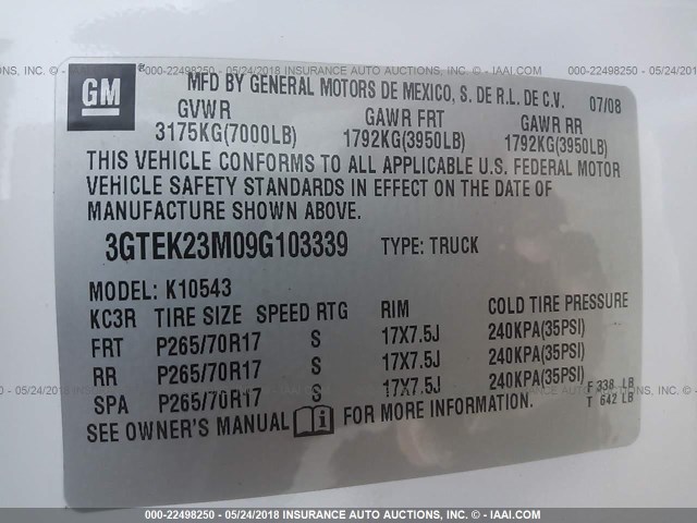 3GTEK23M09G103339 - 2009 GMC SIERRA K1500 SLE WHITE photo 9