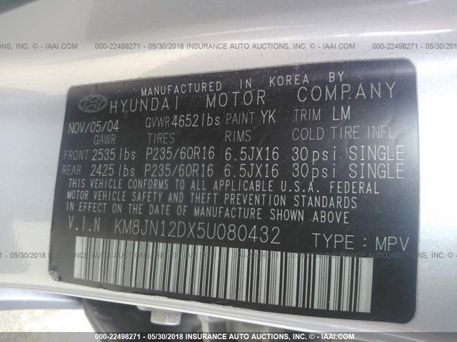 KM8JN12DX5U080432 - 2005 HYUNDAI TUCSON GLS/LX SILVER photo 9