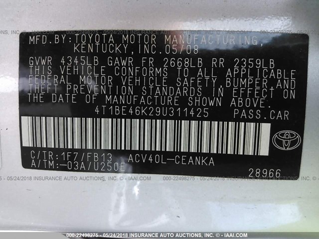 4T1BE46K29U311425 - 2009 TOYOTA CAMRY SE/LE/XLE SILVER photo 9