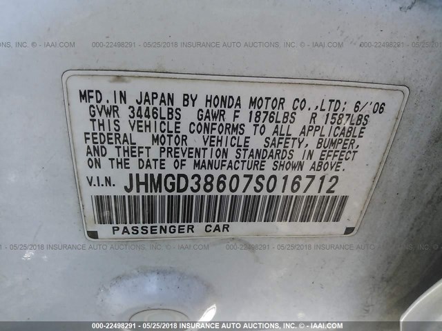 JHMGD38607S016712 - 2007 HONDA FIT S WHITE photo 9