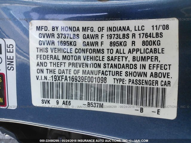 19XFA16939E001098 - 2009 HONDA CIVIC EXL BLUE photo 9