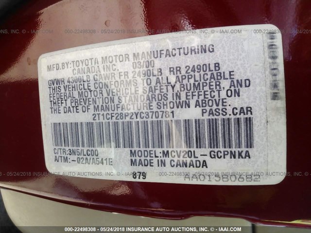 2T1CF28P2YC370781 - 2000 TOYOTA CAMRY SOLARA SE/SLE RED photo 9