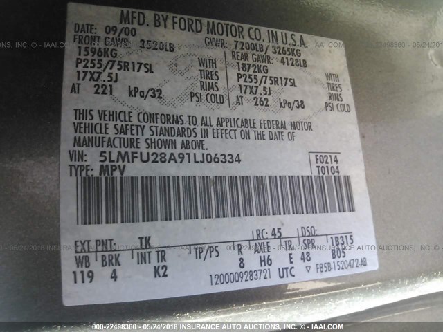 5LMFU28A91LJ06334 - 2001 LINCOLN NAVIGATOR Szary zdjęcie 9