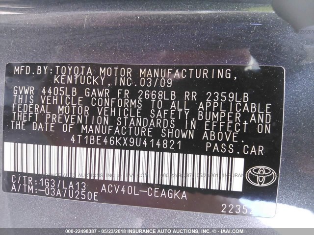 4T1BE46KX9U414821 - 2009 TOYOTA CAMRY SE/LE/XLE ნაცრისფერი ფოტო 9