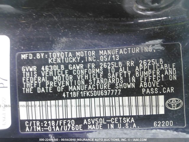 4T1BF1FK5DU697777 - 2013 TOYOTA CAMRY L/SE/LE/XLE Qara foto 9