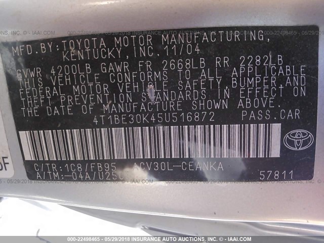 4T1BE30K45U516872 - 2005 TOYOTA CAMRY LE/XLE/SE 银色 照片 9