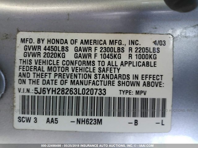 5J6YH28263L020733 - 2003 HONDA ELEMENT DX SILVER photo 9