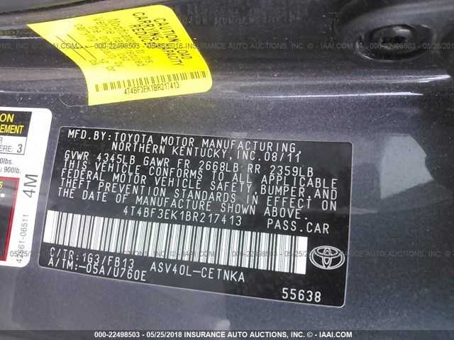 4T4BF3EK1BR217413 - 2011 TOYOTA CAMRY SE/LE/XLE 灰色 照片 9