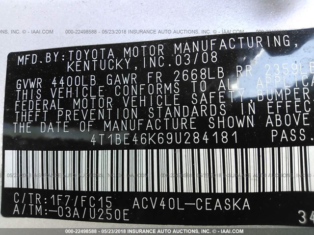 4T1BE46K69U284181 - 2009 TOYOTA CAMRY SE/LE/XLE SILVER photo 9