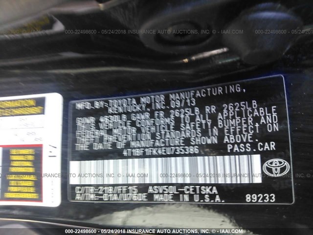 4T1BF1FK4EU735386 - 2014 TOYOTA CAMRY L/SE/LE/XLE 黑色 照片 9