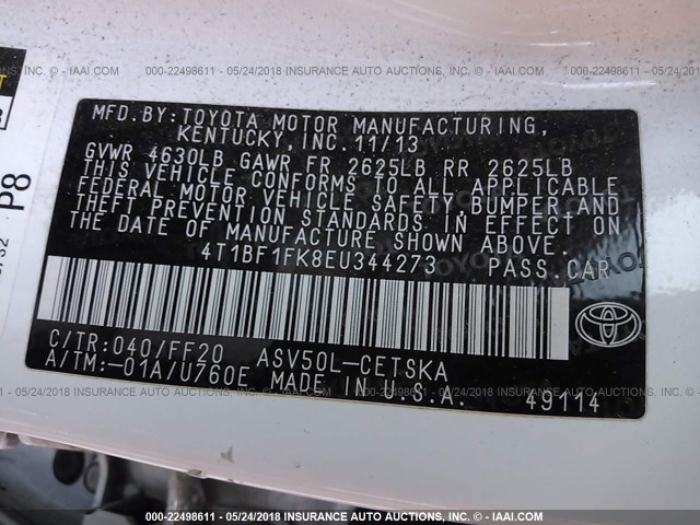 4T1BF1FK8EU344273 - 2014 TOYOTA CAMRY L/SE/LE/XLE 白色 照片 9