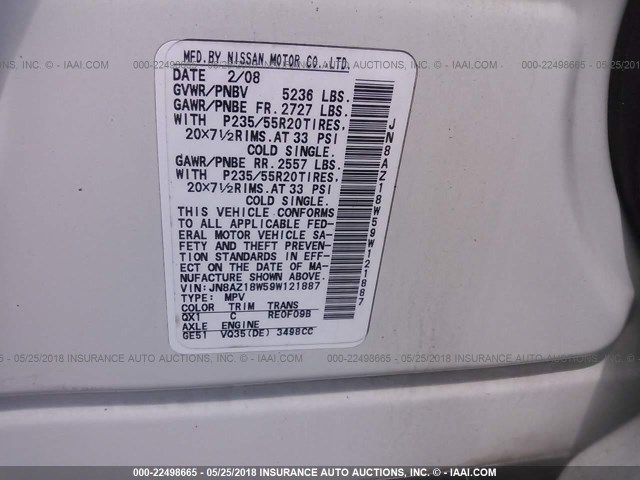 JN8AZ18W59W121887 - 2009 NISSAN MURANO S/SL/LE WHITE photo 9