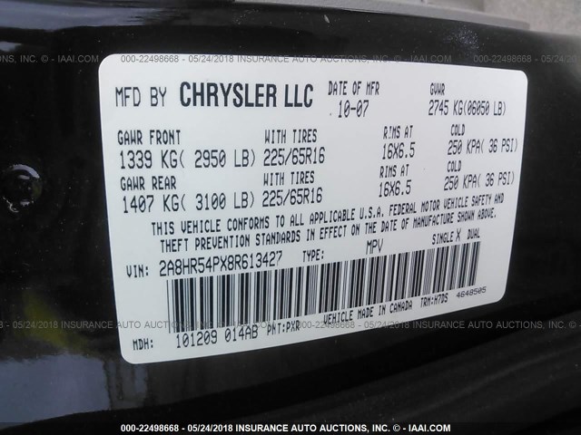 2A8HR54PX8R613427 - 2008 CHRYSLER TOWN & COUNTRY TOURING BLACK photo 9