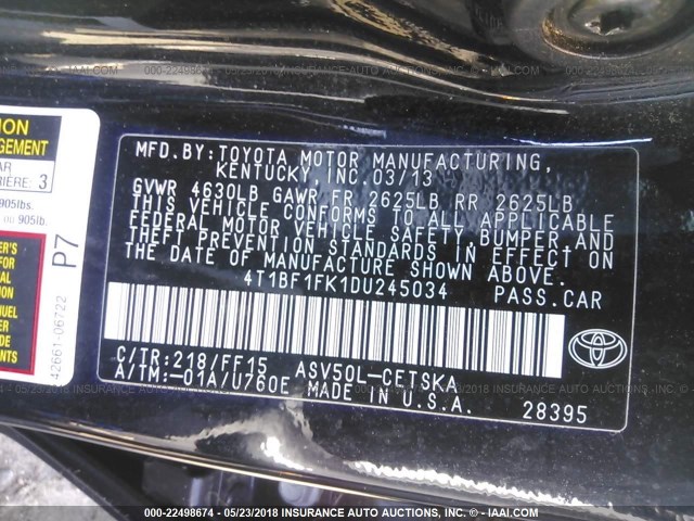 4T1BF1FK1DU245034 - 2013 TOYOTA CAMRY L/SE/LE/XLE 黑色 照片 9