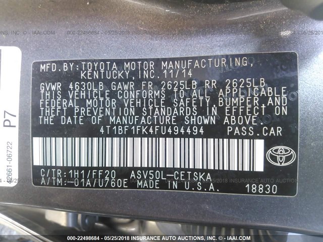 4T1BF1FK4FU494494 - 2015 TOYOTA CAMRY LE/XLE/SE/XSE GRAY photo 9