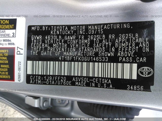 4T1BF1FK0GU146533 - 2016 TOYOTA CAMRY LE/XLE/SE/XSE SILVER photo 9