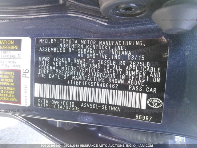 4T4BF1FK9FR486462 - 2015 TOYOTA CAMRY LE/XLE/SE/XSE ლურჯი ფოტო 9