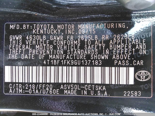 4T1BF1FK9GU137183 - 2016 TOYOTA CAMRY LE/XLE/SE/XSE BLACK photo 9