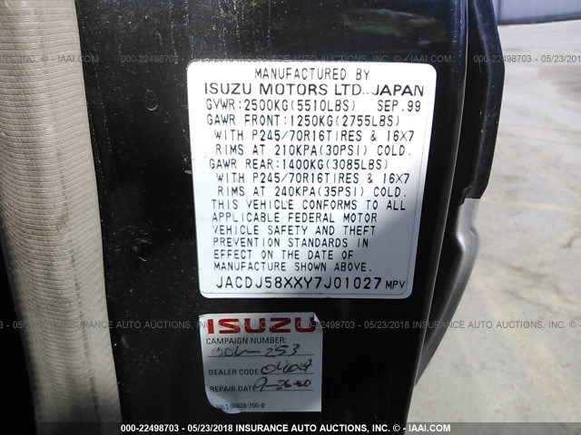JACDJ58XXY7J01027 - 2000 ISUZU TROOPER S/LS/LIMITED 黑色 照片 9