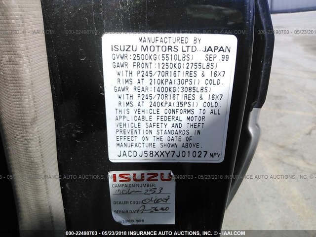 JACDJ58XXY7J01027 - 2000 ISUZU TROOPER S/LS/LIMITED BLACK photo 9