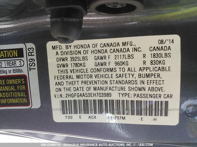 2HGFG4A53EH703989 - 2014 HONDA CIVIC SI GRAY photo 9