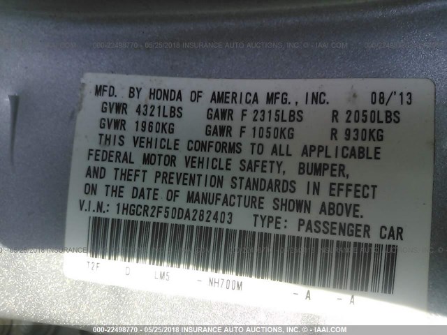 1HGCR2F50DA282403 - 2013 HONDA ACCORD SPORT 银色 照片 9